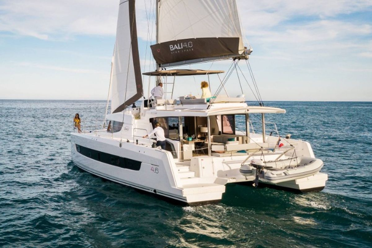 Exterior view of Standra, a Bali 4.6 catamaran at Municipal Unit of Lefkada, Greece