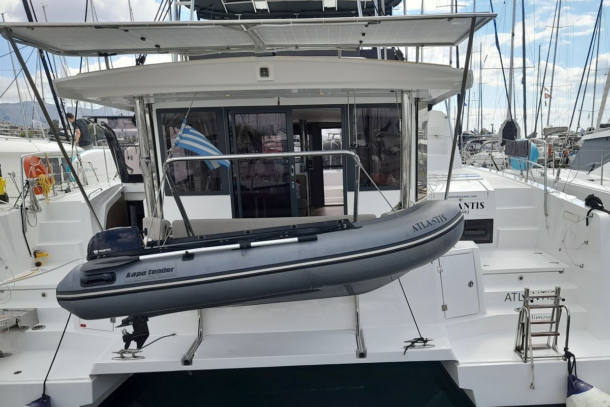 Exterior view of Atlantis, a Bali 4.6 catamaran at Athens, Greece