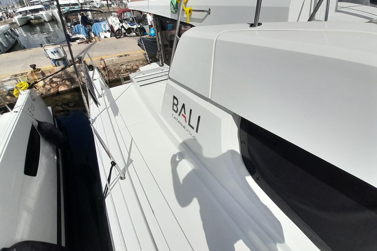 Exterior view of Atlantis, a Bali 4.6 catamaran at Athens, Greece