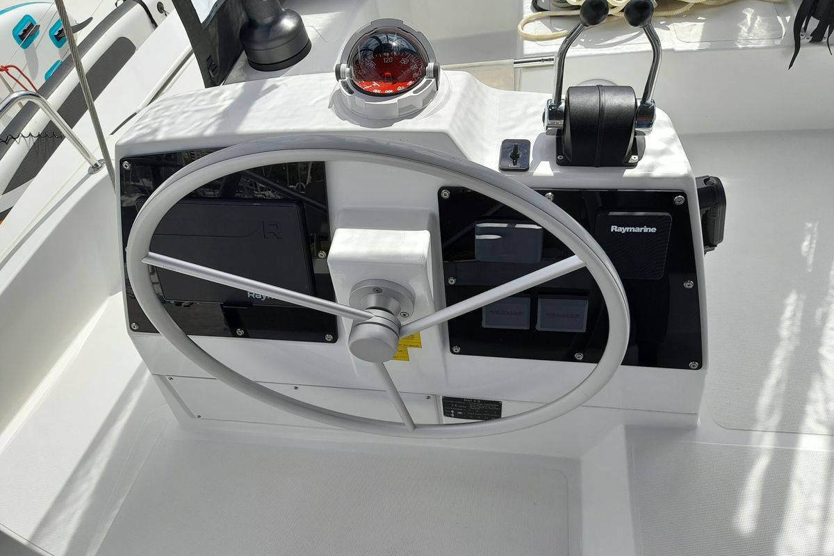 Cockpit of Atlantis, a Bali 4.6 catamaran at Athens, Greece