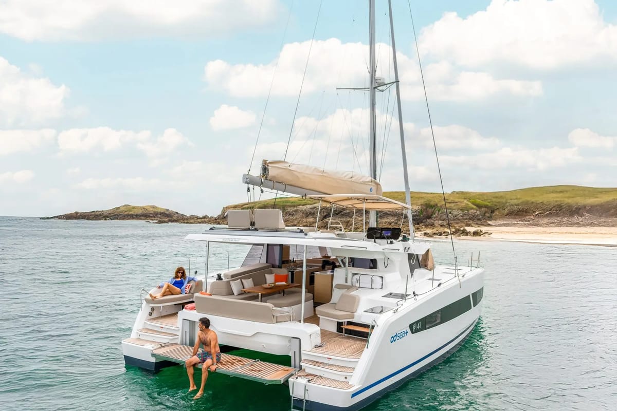Exterior view of Marilena, a Fountaine Pajot FP 44 catamaran at Gouvia, Greece