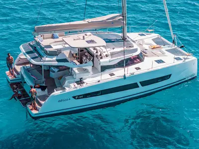 Exterior view of Marilena, a Fountaine Pajot FP 44 catamaran at Gouvia, Greece