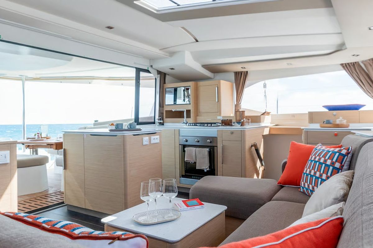 Salon of Marilena, a Fountaine Pajot FP 44 catamaran at Gouvia, Greece