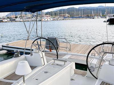 Cockpit of Twins, a Beneteau Oceanis 43 sailboat at Lavreotiki Municipal Unit, Greece