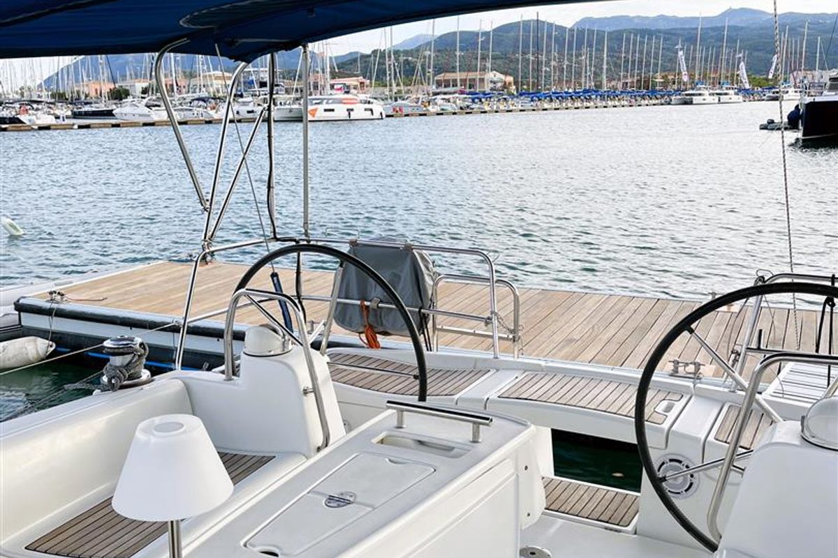 Cockpit of Twins, a Beneteau Oceanis 43 sailboat at Lavreotiki Municipal Unit, Greece