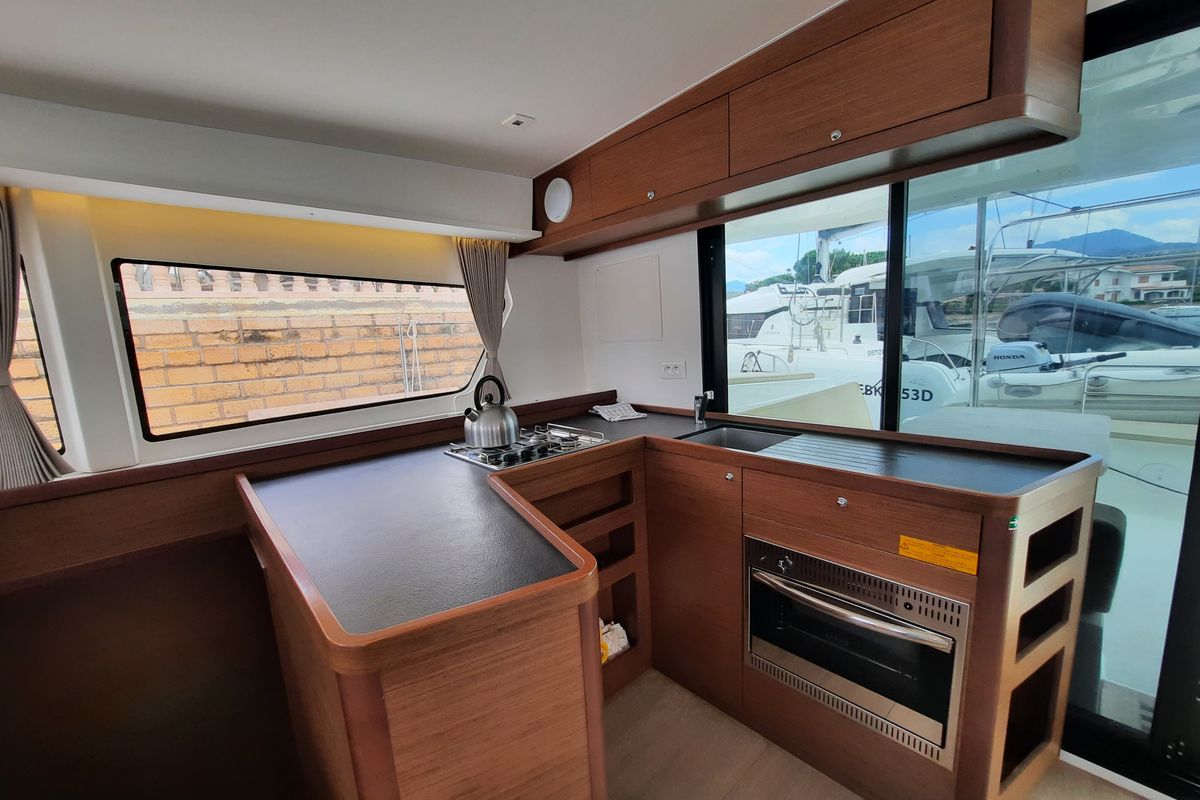 Galley of Senza Ma, a Lagoon 42 catamaran at Tonnarella, Italy