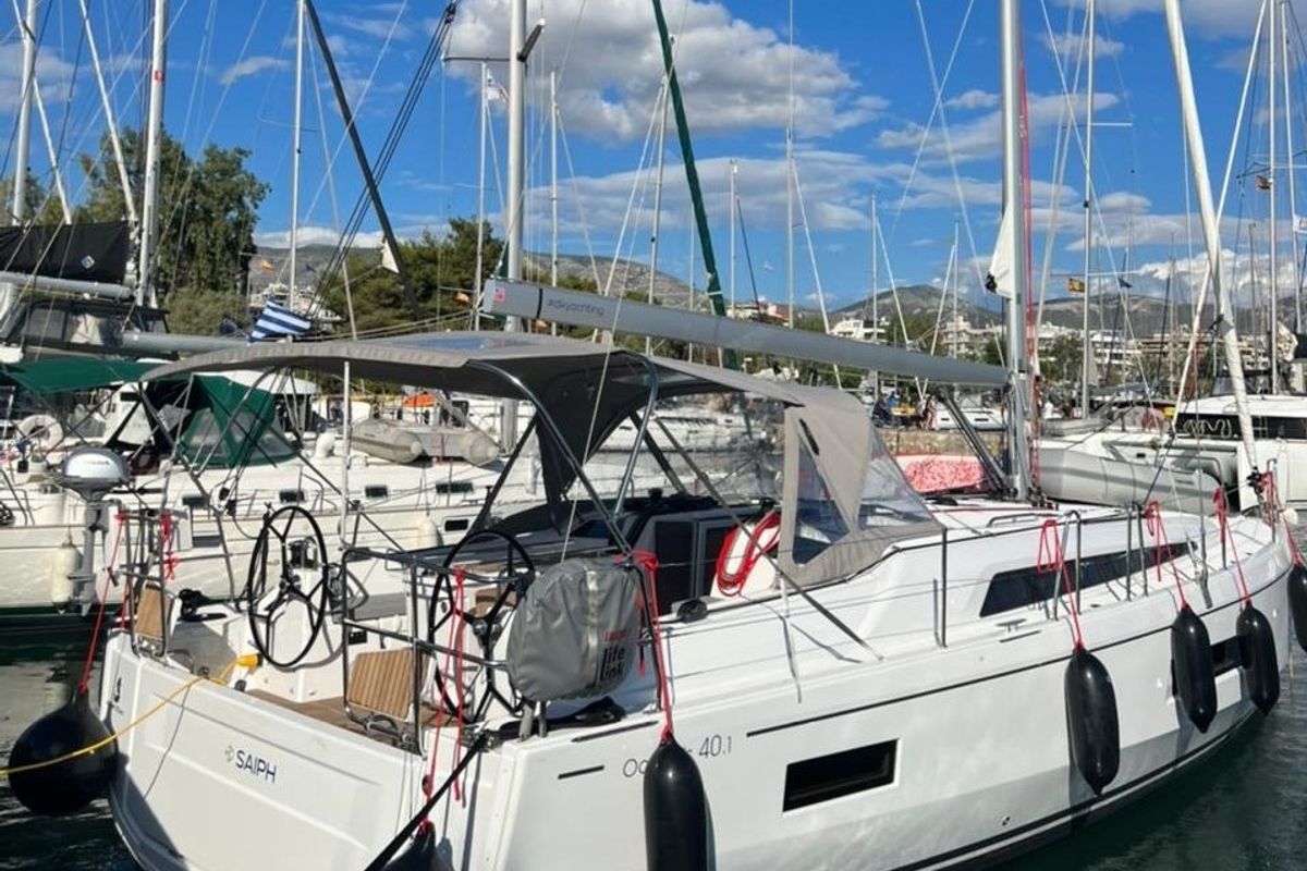 Exterior view of Saiph, a Beneteau Oceanis 40.1 sailboat at Athens, Greece