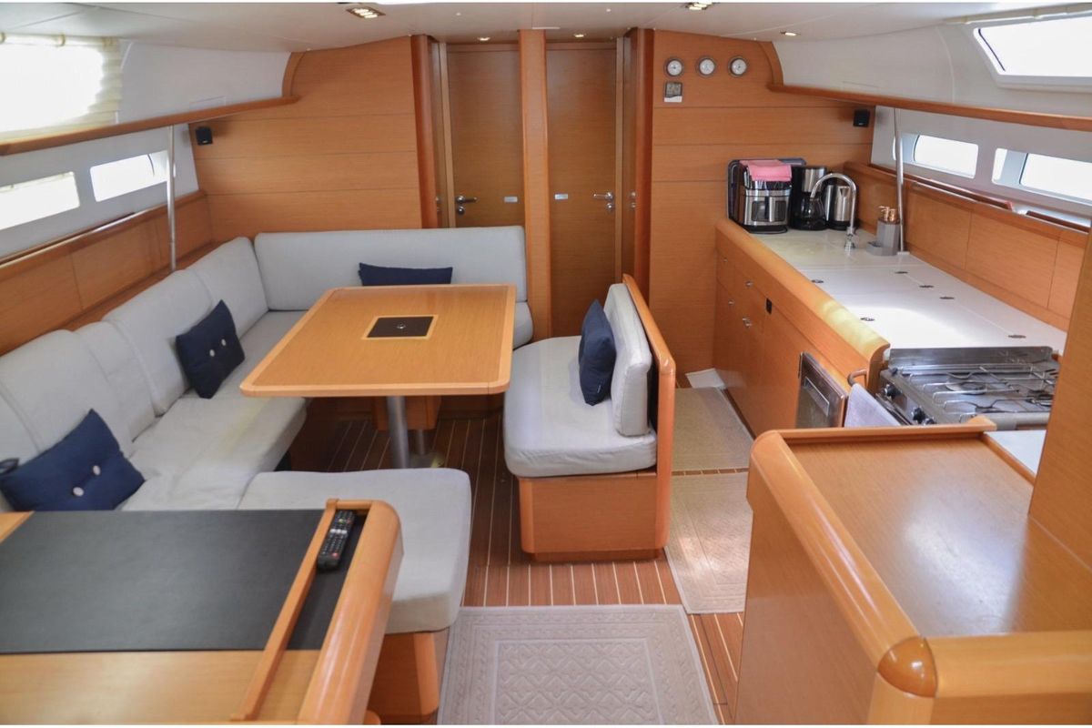 Salon of Ocean's Eleven, a Jeanneau Sun Odyssey 509 sailboat at Bodrum, Turkey