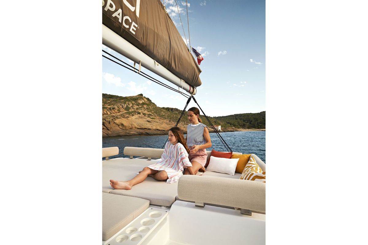 Deck of Diamant Tropical, a Bali Catspace catamaran at Ribishi, Saint Vincent and the Grenadines