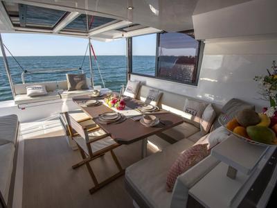 Deck of Diamant Tropical, a Bali Catspace catamaran at Ribishi, Saint Vincent and the Grenadines