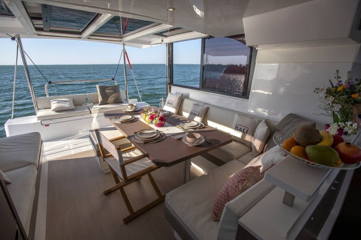 Deck of Diamant Tropical, a Bali Catspace catamaran at Ribishi, Saint Vincent and the Grenadines
