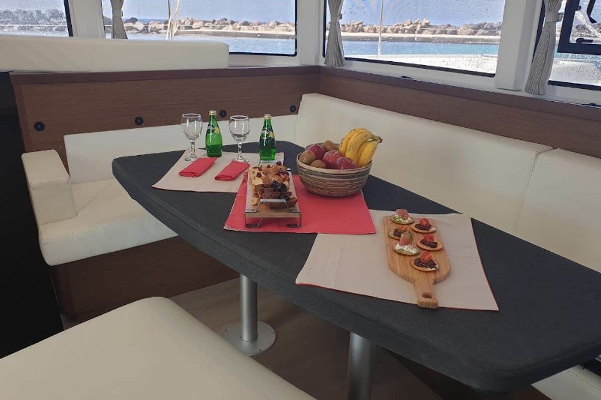 Salon of All In, a Lagoon 42 catamaran at Lavreotiki Municipal Unit, Greece