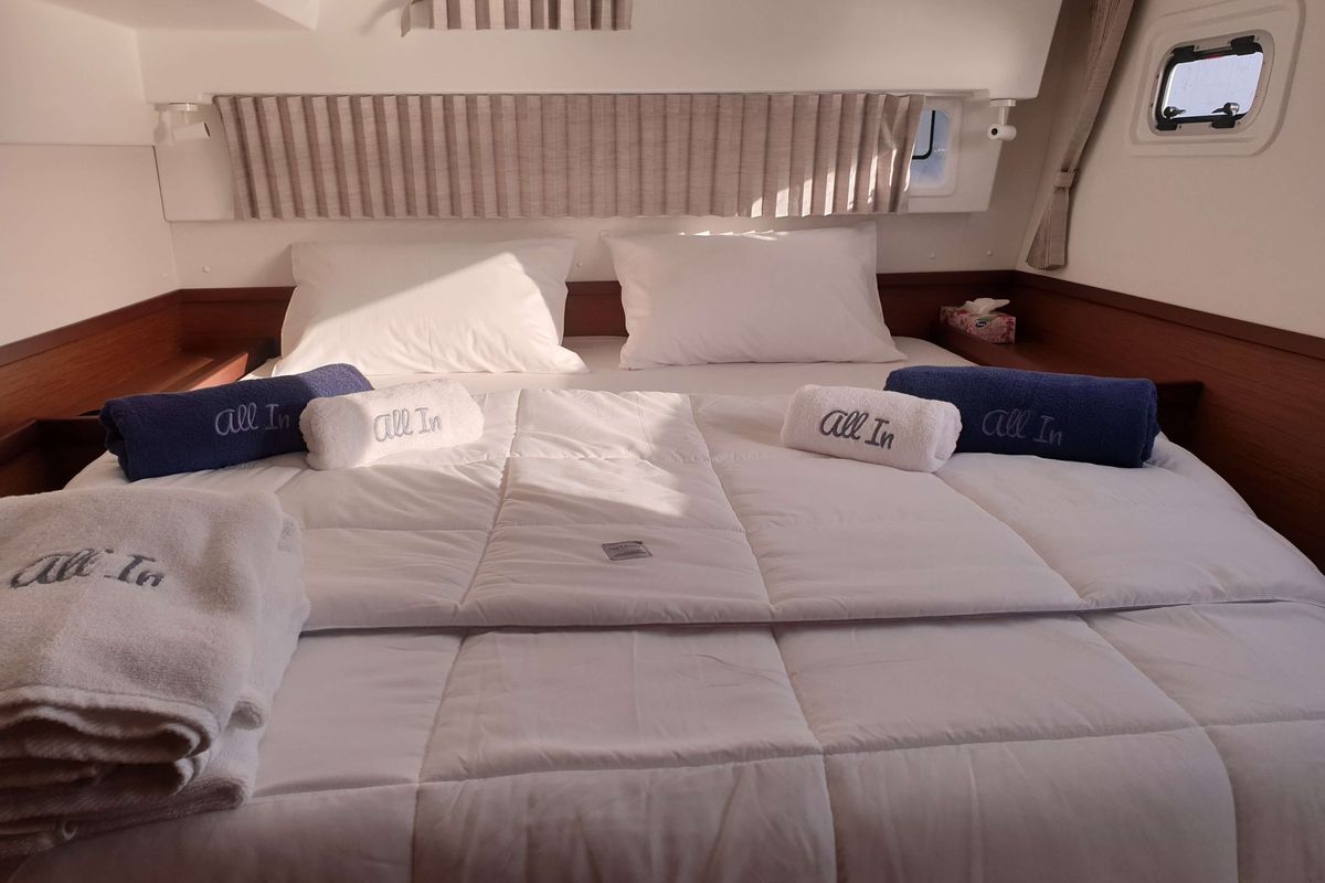Cabin on All In, a Lagoon 42 catamaran at Lavreotiki Municipal Unit, Greece