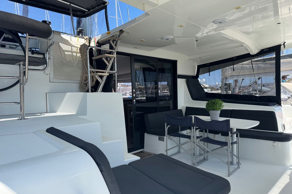 Deck of All In, a Lagoon 42 catamaran at Lavreotiki Municipal Unit, Greece