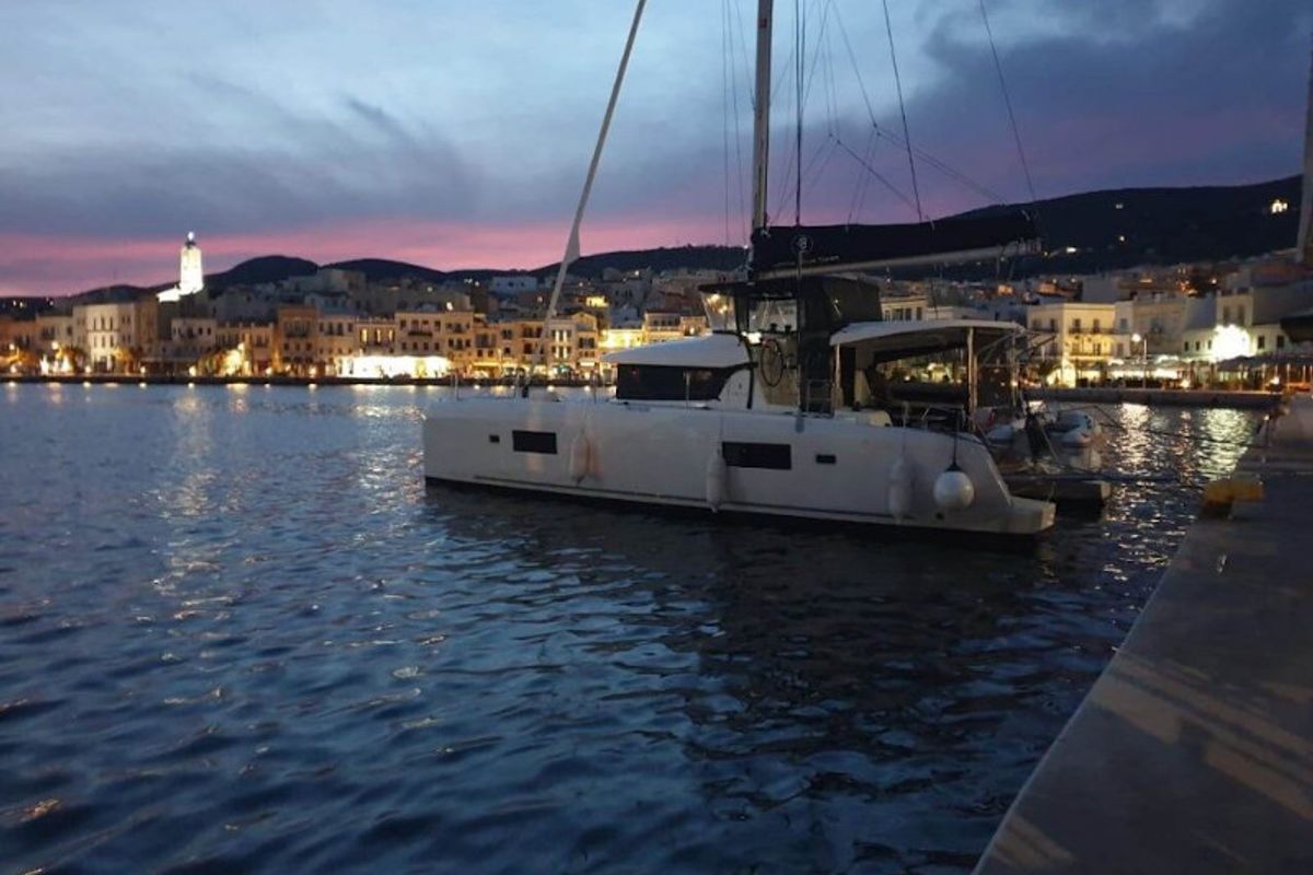 Exterior view of All In, a Lagoon 42 catamaran at Lavreotiki Municipal Unit, Greece