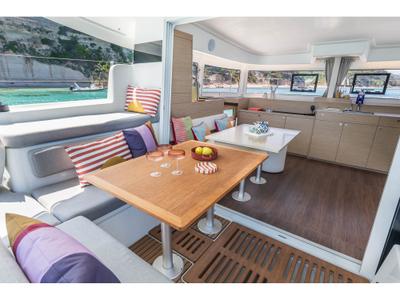 Salon of WHISPERS, a Lagoon 38 catamaran at Ajaccio, France