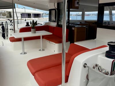 Deck of Las Olas, a Excess 14 catamaran at Preveza, Greece