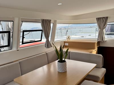 Salon of Las Olas, a Excess 14 catamaran at Preveza, Greece