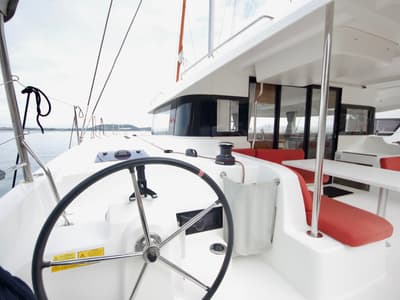 Cockpit of Las Olas, a Excess 14 catamaran at Preveza, Greece