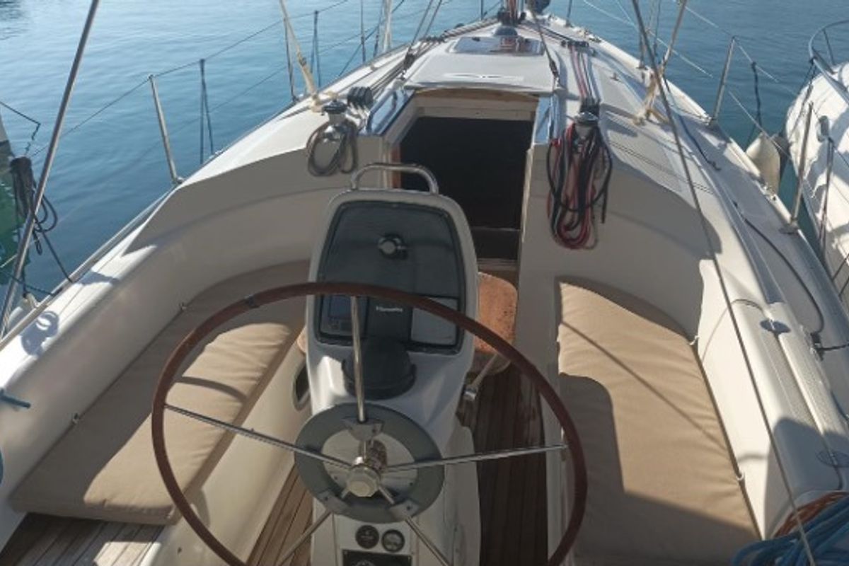 Cockpit of Mojito, a Bavaria 30 Cruiser sailboat at Municipal Unit of Palairos, Greece