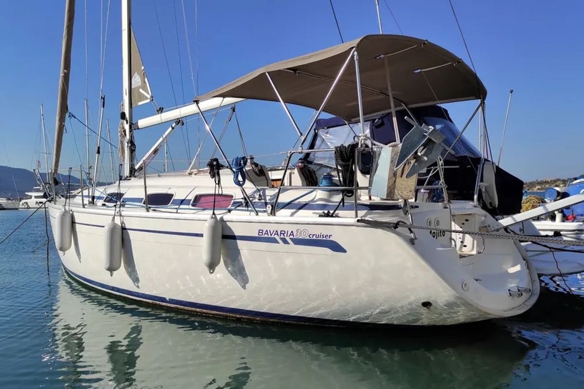 Exterior view of Mojito, a Bavaria 30 Cruiser sailboat at Municipal Unit of Palairos, Greece