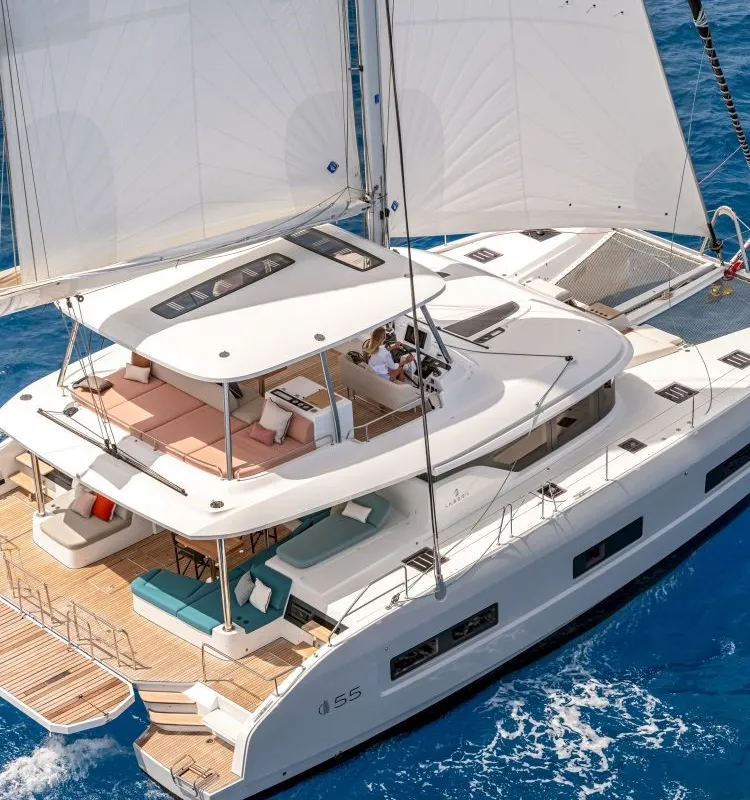 Exterior view of Hydrus, a Lagoon 55 catamaran at Lavreotiki Municipal Unit, Greece