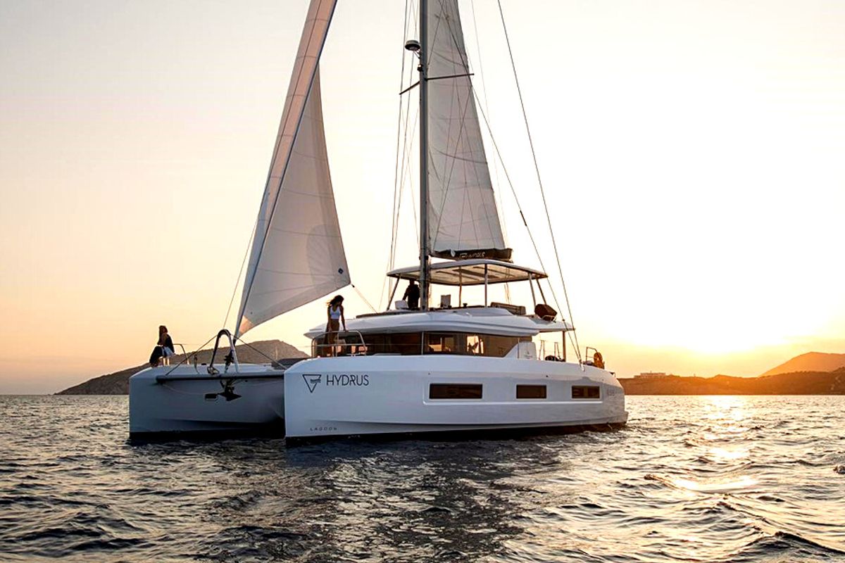 Exterior view of Hydrus, a Lagoon 55 catamaran at Lavreotiki Municipal Unit, Greece