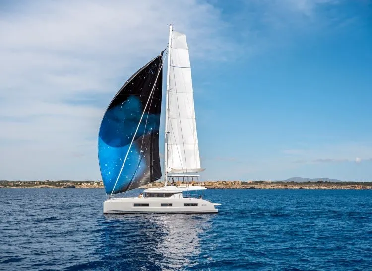 Exterior view of Hydrus, a Lagoon 55 catamaran at Lavreotiki Municipal Unit, Greece