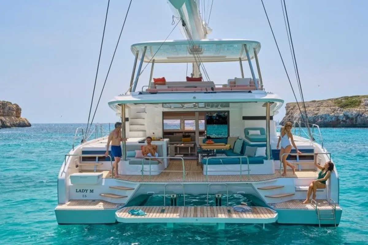 Exterior view of Hydrus, a Lagoon 55 catamaran at Lavreotiki Municipal Unit, Greece