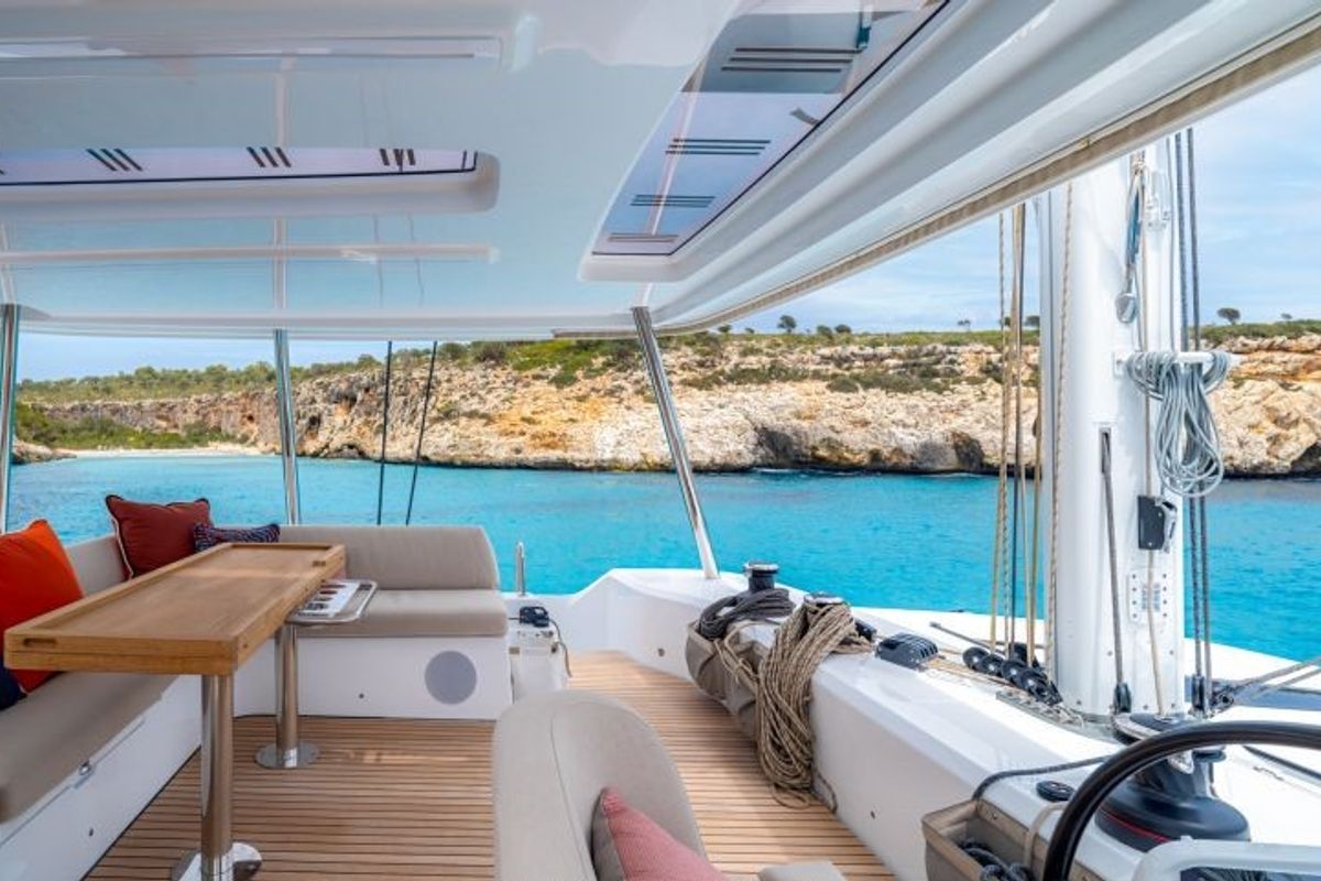Cockpit of Hydrus, a Lagoon 55 catamaran at Lavreotiki Municipal Unit, Greece