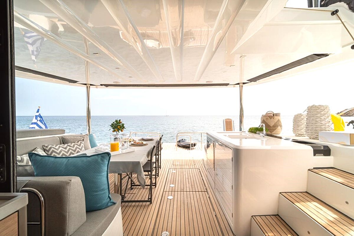 Deck of Hydrus, a Lagoon 55 catamaran at Lavreotiki Municipal Unit, Greece