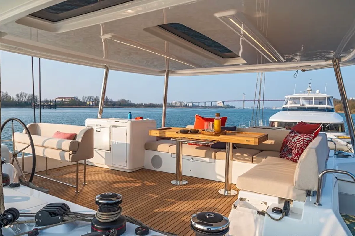 Cockpit of Hydrus, a Lagoon 55 catamaran at Lavreotiki Municipal Unit, Greece
