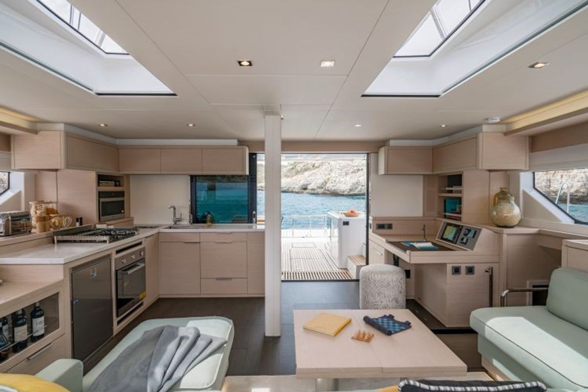 Salon of Hydrus, a Lagoon 55 catamaran at Lavreotiki Municipal Unit, Greece