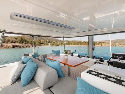 Cockpit of Hydrus, a Lagoon 55 catamaran at Lavreotiki Municipal Unit, Greece