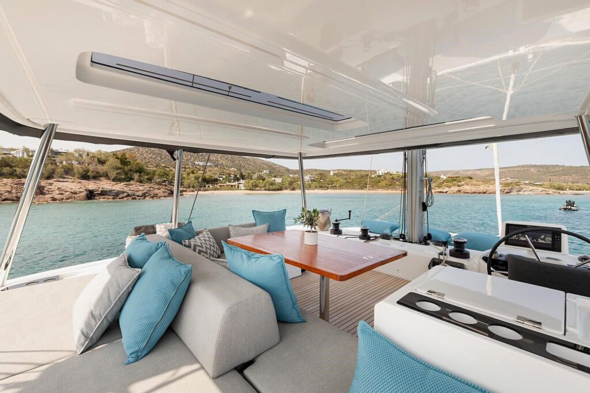 Cockpit of Hydrus, a Lagoon 55 catamaran at Lavreotiki Municipal Unit, Greece