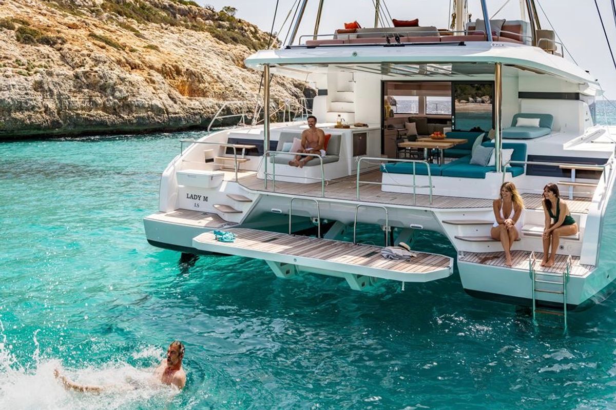 Exterior view of Hydrus, a Lagoon 55 catamaran at Lavreotiki Municipal Unit, Greece