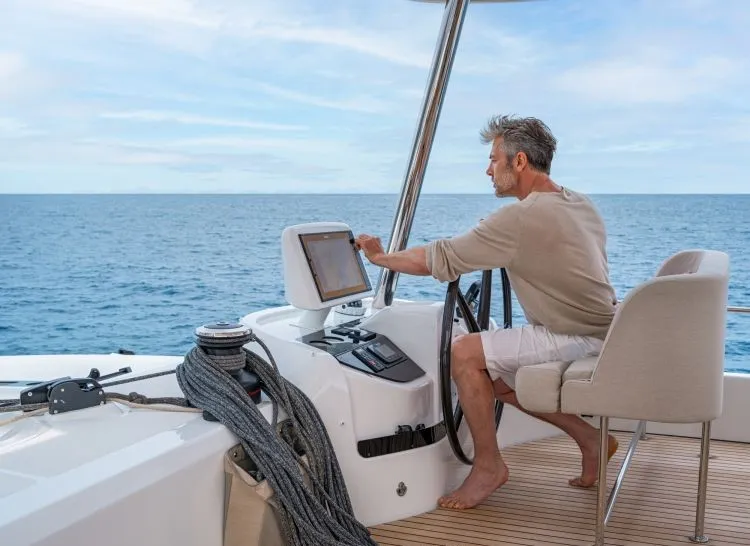 Cockpit of Hydrus, a Lagoon 55 catamaran at Lavreotiki Municipal Unit, Greece