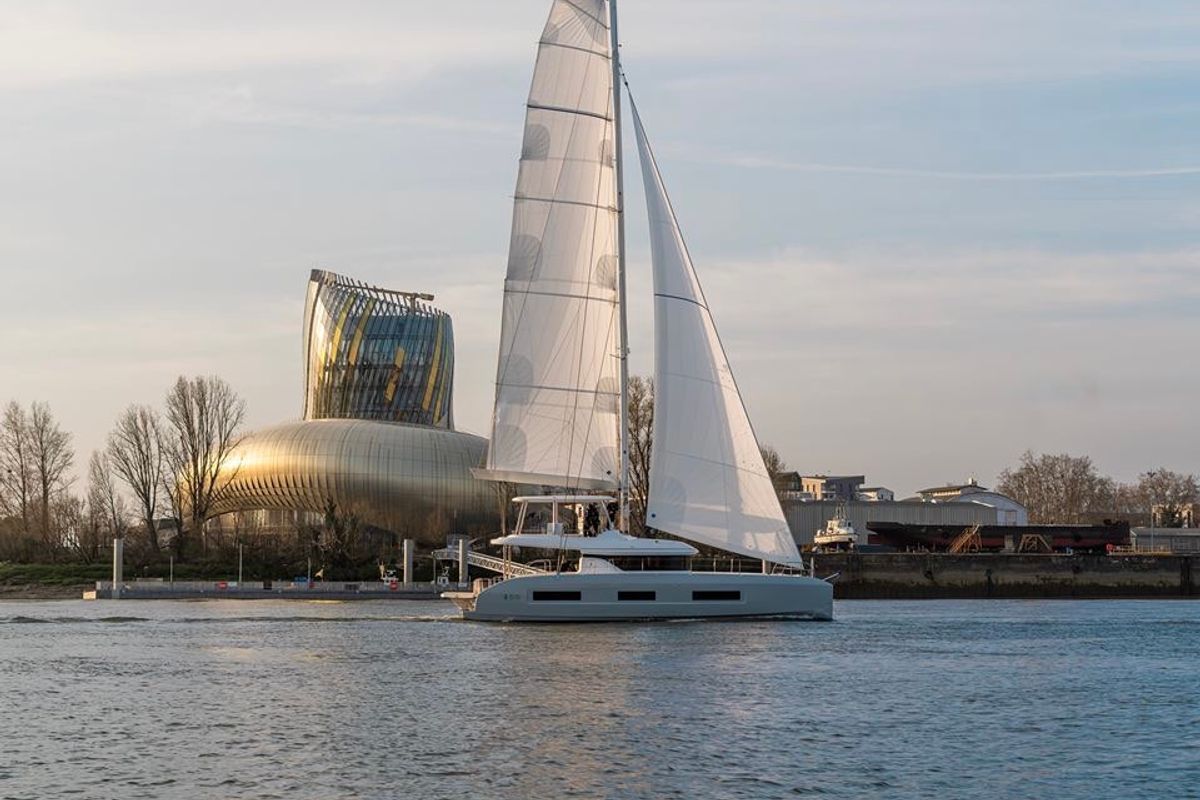 Exterior view of Hydrus, a Lagoon 55 catamaran at Lavreotiki Municipal Unit, Greece