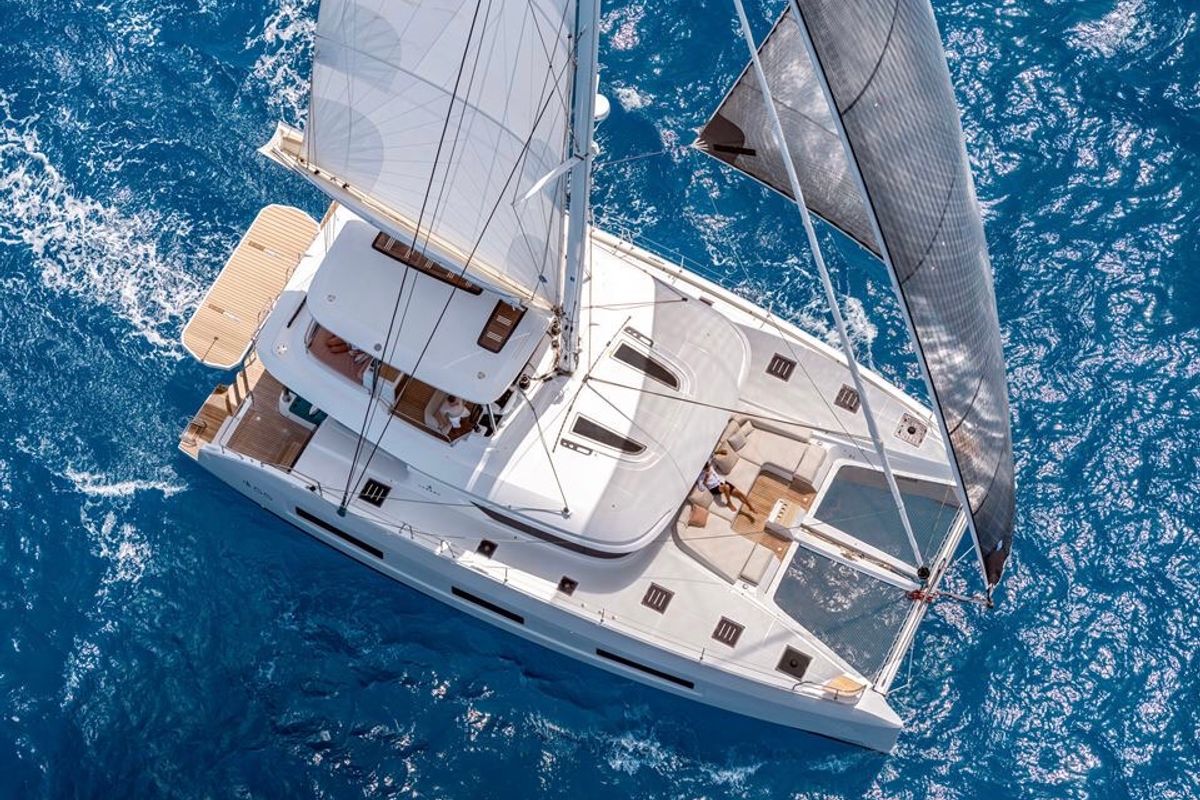 Exterior view of Hydrus, a Lagoon 55 catamaran at Lavreotiki Municipal Unit, Greece