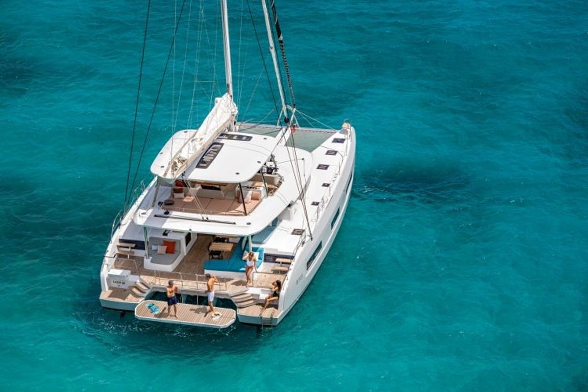 Exterior view of Hydrus, a Lagoon 55 catamaran at Lavreotiki Municipal Unit, Greece