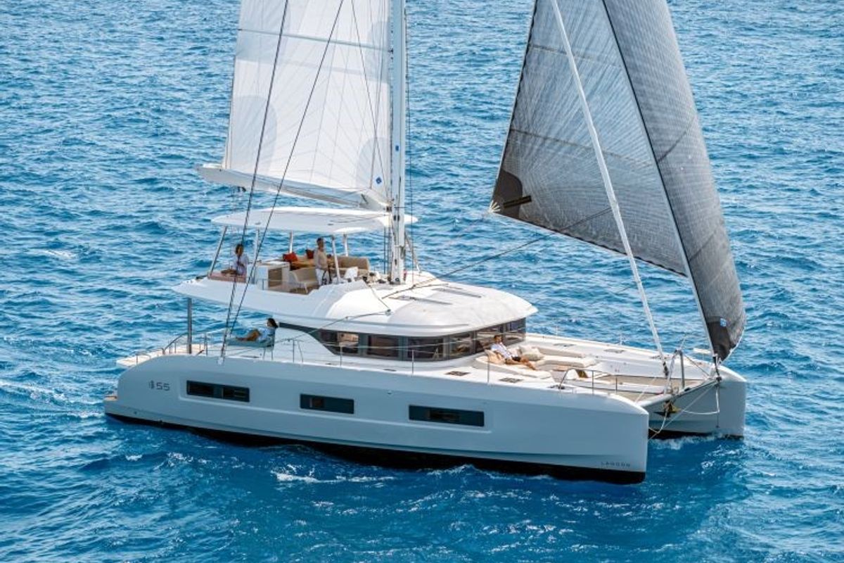Exterior view of Hydrus, a Lagoon 55 catamaran at Lavreotiki Municipal Unit, Greece