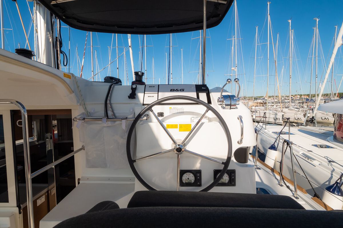Deck of Chingi Lingy, a Lagoon 40 catamaran at Grad Biograd na Moru, Croatia
