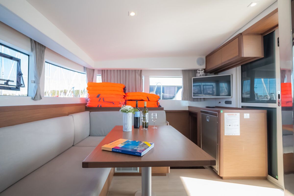 Salon of Chingi Lingy, a Lagoon 40 catamaran at Grad Biograd na Moru, Croatia
