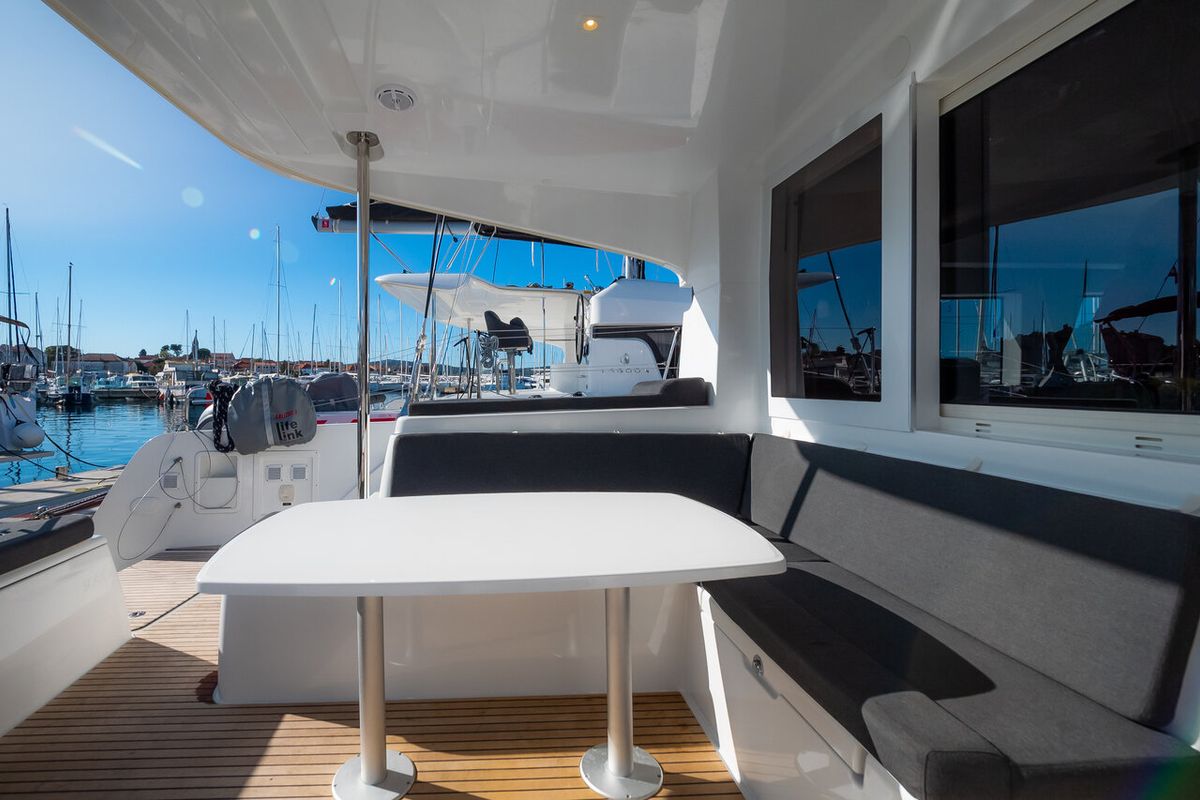 Deck of Chingi Lingy, a Lagoon 40 catamaran at Grad Biograd na Moru, Croatia