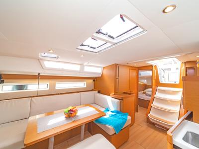 Salon of Goldfish, a Jeanneau Sun Odyssey 490 sailboat at Kos, Greece