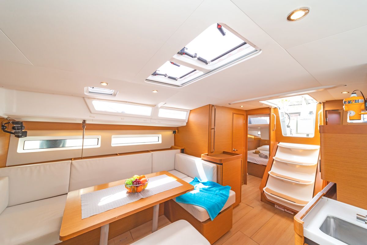Salon of Goldfish, a Jeanneau Sun Odyssey 490 sailboat at Kos, Greece