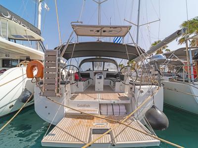 Deck of Goldfish, a Jeanneau Sun Odyssey 490 sailboat at Kos, Greece