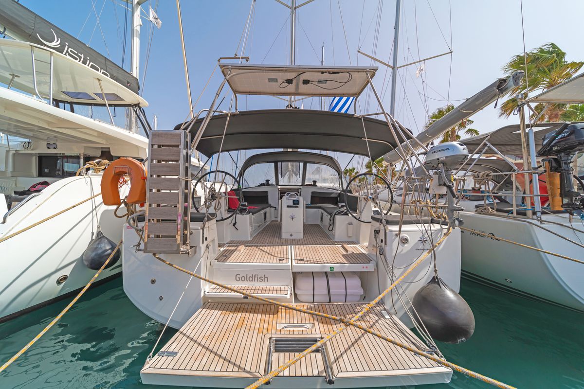 Deck of Goldfish, a Jeanneau Sun Odyssey 490 sailboat at Kos, Greece