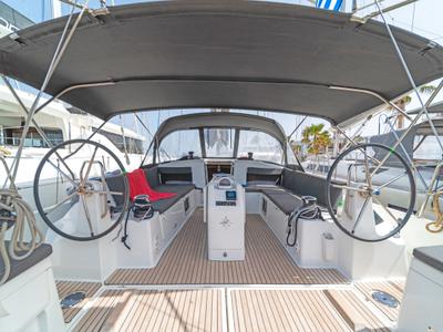 Cockpit of Goldfish, a Jeanneau Sun Odyssey 490 sailboat at Kos, Greece
