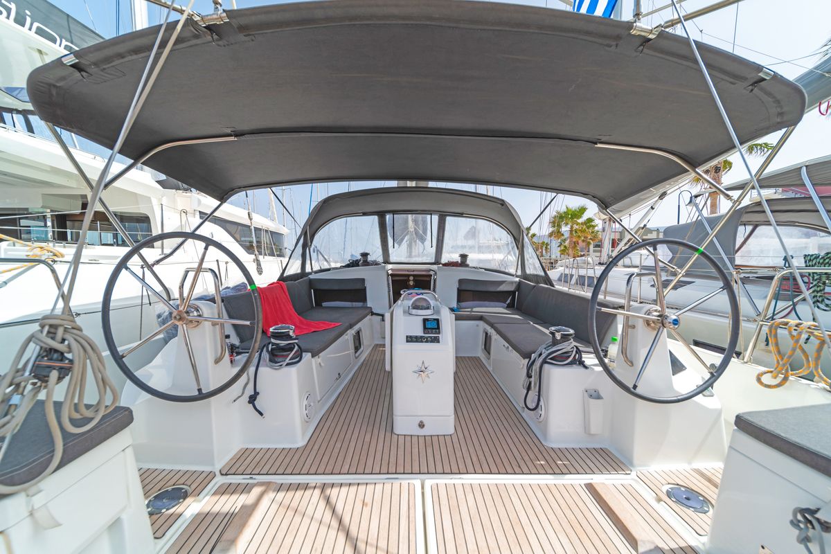 Cockpit of Goldfish, a Jeanneau Sun Odyssey 490 sailboat at Kos, Greece